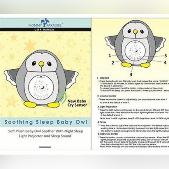 Mommy Paradise Soothing Sleep Baby Owl with Cry Sensor, White Noise, Lights - Picture 12 of 17